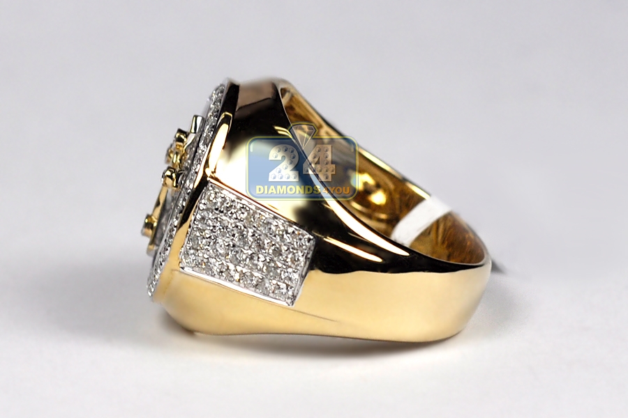 Mens Diamond Cross Signet Ring 14K Yellow Gold 1.69 ct