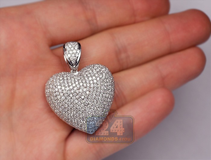 Large 14K White Gold Fully Paved Puffed Diamond Heart Pendant Necklace  2.75ct