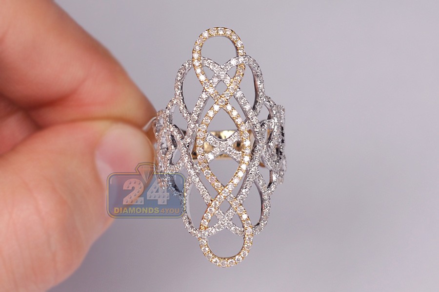 Womens Diamond Long Openwork Dinner Ring 14k Yellow Gold