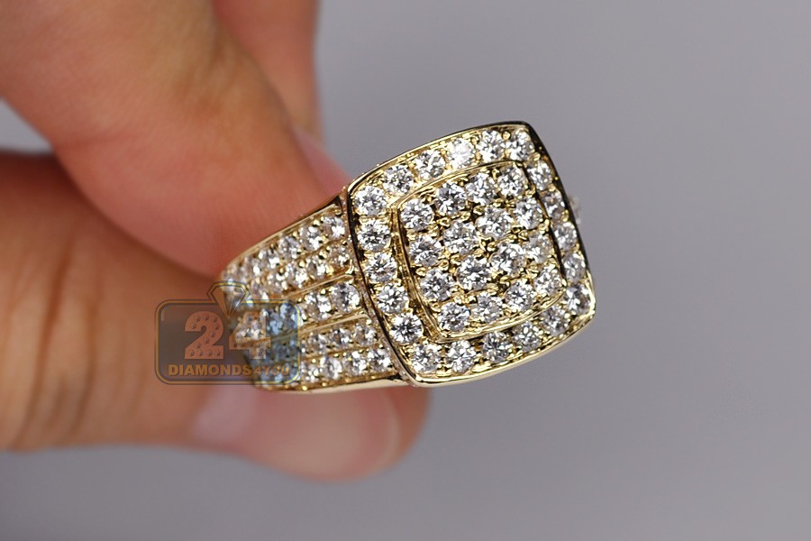 Mens Diamond Square Shape Signet Ring 14K Yellow Gold 4.44ct