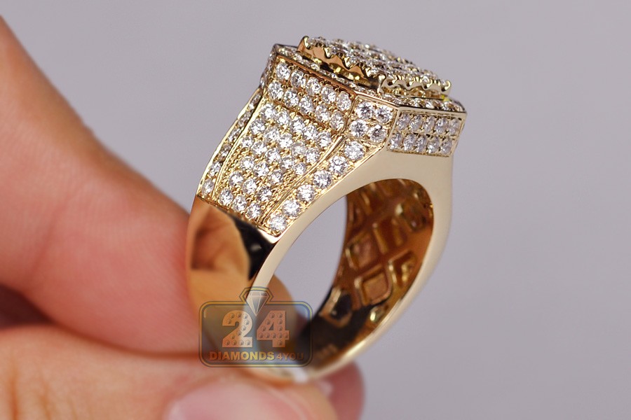Mens Iced Out 3.96 ct Diamond Signet Ring 14K Yellow Gold