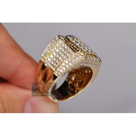 Mens Iced Out Diamond Luxury Signet Ring 14K Yellow Gold 5.19ct