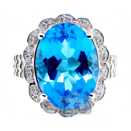 18K White Gold 14.93 ct Swiss Blue Topaz Diamond Cocktail Ring