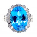 18K White Gold 14.93 ct Swiss Blue Topaz Diamond Cocktail Ring