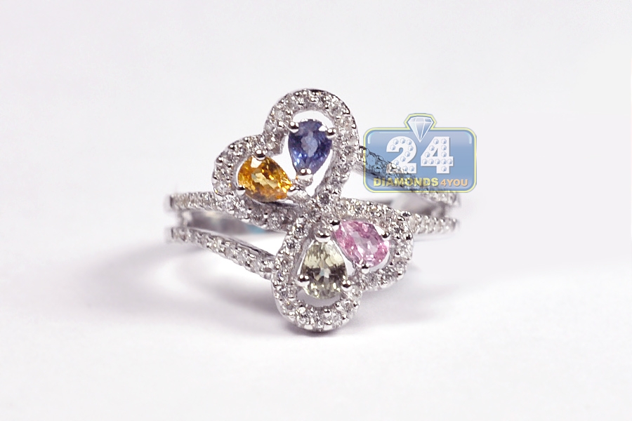 Womens Diamond Colorful Gemstone Ring 18k White Gold 1 17 Ct