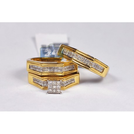 Diamond Bridal His Hers 3 Rings Set 14K Yellow Gold 2.76 ct