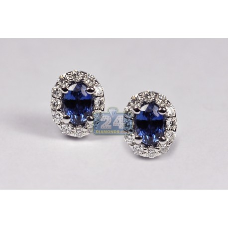 Womens Blue Sapphire Diamond Stud Earrings 18K White Gold 1.81 ct