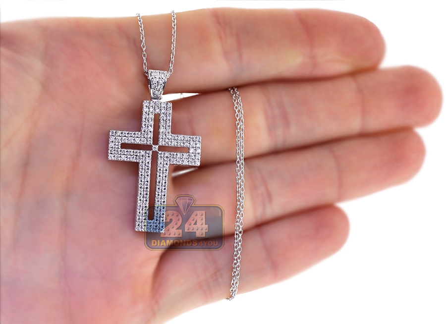Mens Diamond Latin Cross Pendant Necklace 18K White Gold 0.77ct