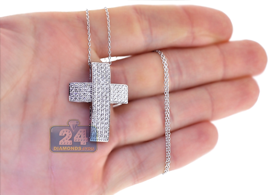Mens Diamond Straight Cross Pendant Necklace 18K White Gold 17