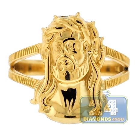 10k yellow gold jesus christ head womens ring