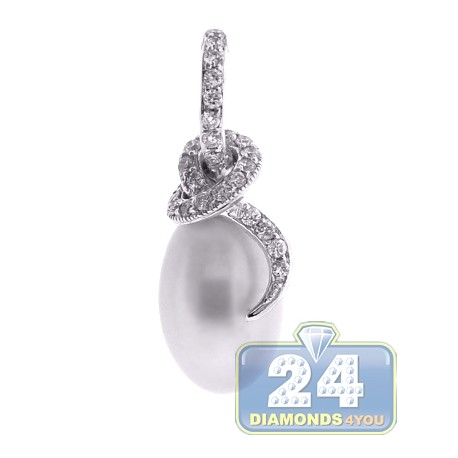 Womens Diamond Oval Pearl Drop Pendant 18K White Gold 0.39ct