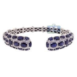 Womens Diamond Blue Sapphire Cuff Bracelet 18K White Gold 8.5 inch