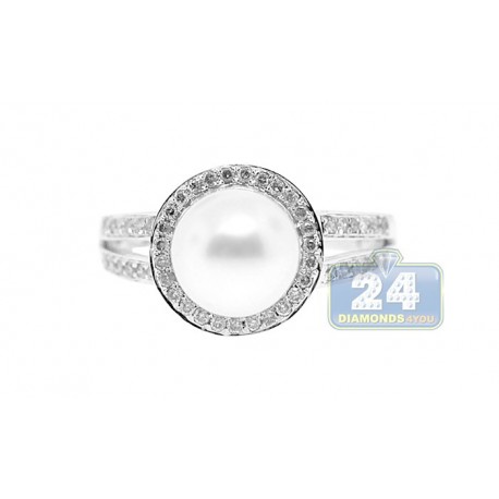 14K White Gold 5 ct Halo Diamond Pearl Womens Solitaire Ring