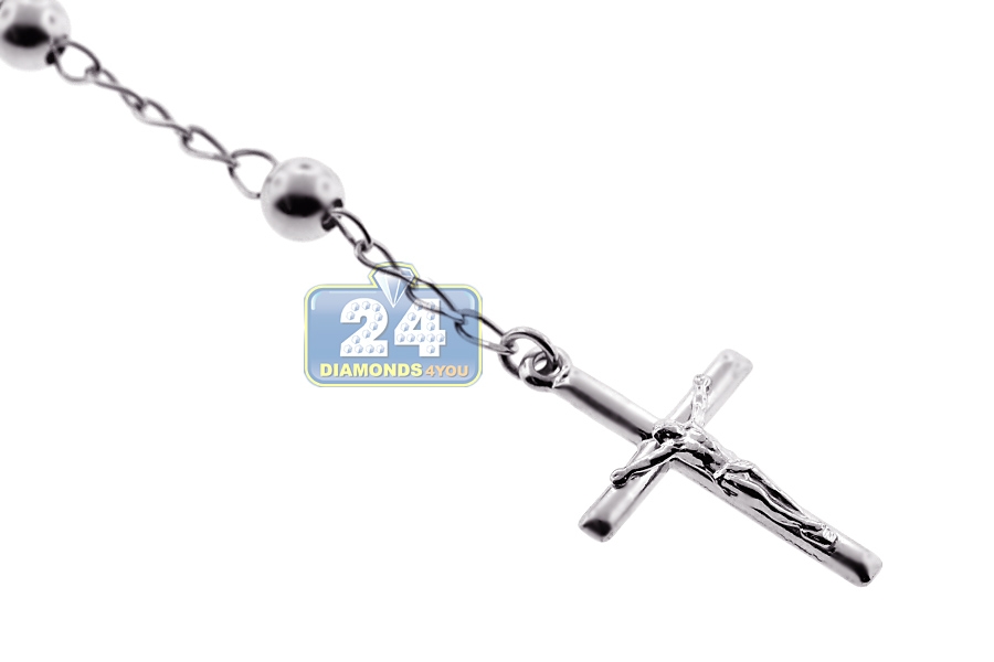 Mens Sterling Silver Rosary Bead Cross Necklace 8 mm 30 inch