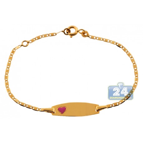 Solid 14K Yellow Gold Heart Enamel Baby Kids ID Bracelet 5.75