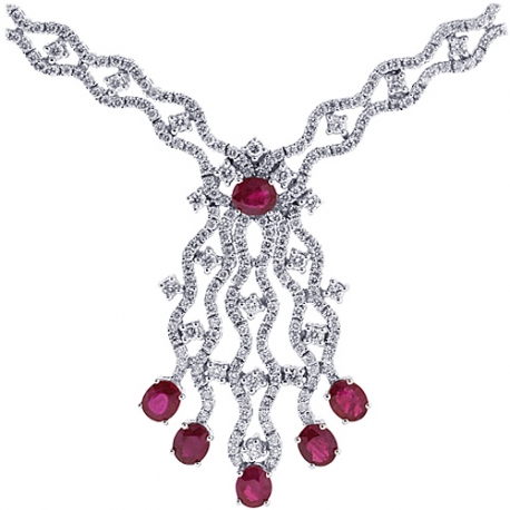 Womens Ruby Diamond Vintage Necklace 18K White Gold 9.42ct 18