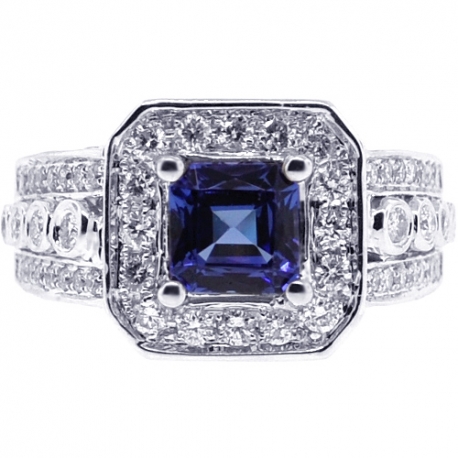 Princess Blue Sapphire Diamond Womens Vintage Ring 18K Gold