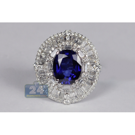 Womens Blue Sapphire Diamond Oval Ring 18k White Gold 9.10 Ct