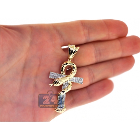 Mens Diamond Snake Ankh Cross Pendant 10K Yellow Gold 0.31ct