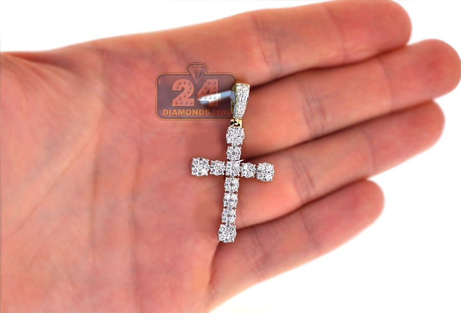 Mens Diamond Cluster Cross 10K Yellow Gold 1.43 carat 1.75 inch