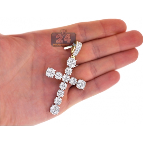 Mens Diamond Cluster Cross Pendant 10K Yellow Gold 7.38 ct 2.8 inch