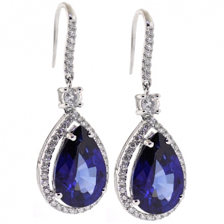 Womens Sapphire Diamond Hook Earrings 18K White Gold 18.26 ct