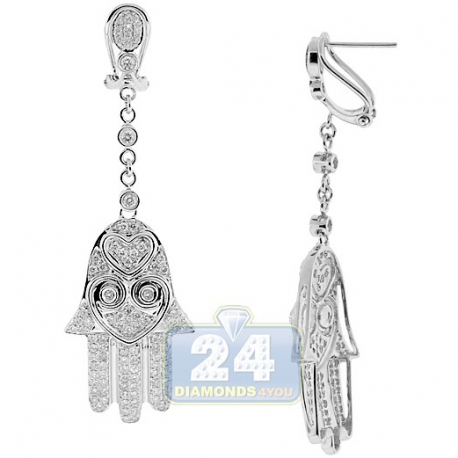 Womens Diamond Hamsa Hand Drop Earrings 14K White Gold 1.30 ct