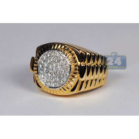 Mens Diamond Step Fluted Pinky Ring 14K Yellow Gold 0.60 ct