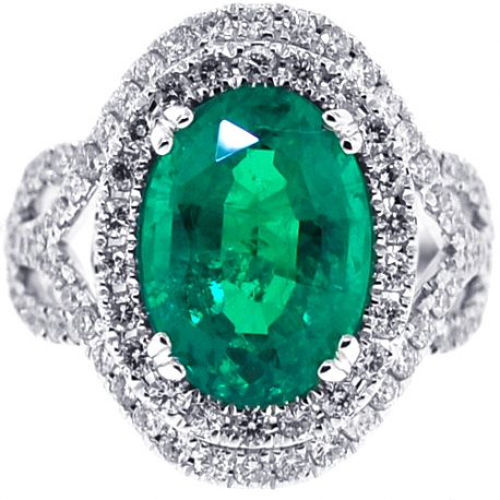 Womens Oval Emerald Diamond Gemstone Ring 18K White Gold 6.98 ct