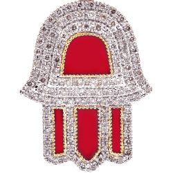 10K Yellow Gold Red Enamel Diamond Hamsa Hand Pendant