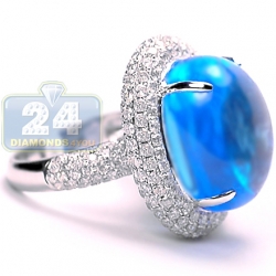 14K White Gold 31.55 ct Cabochon Blue Topaz Diamond Womens Ring
