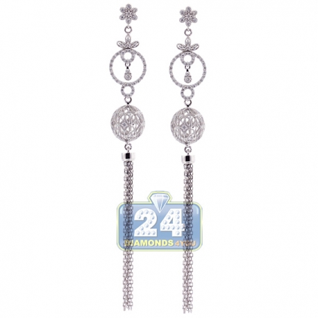 Womens Diamond Long Dangle Earrings 18K White Gold 1.27 ct 4"