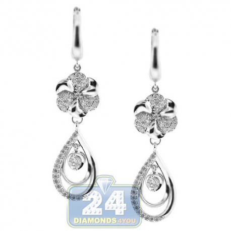 Womens Diamond Floral Drop Earrings 14K White Gold 1.16 Carat