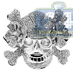 Mens Diamond Skull Head Signet Ring 14K White Gold 1.66 ct