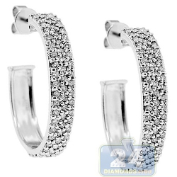 Womens 3 Row Diamond Oval J Hoop Earrings 14K White Gold 1 Inch