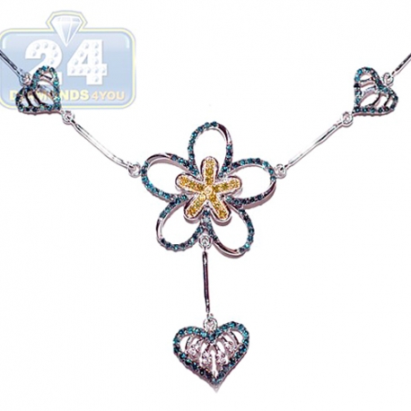 Womens Diamond Heart Flower Necklace 14K White Gold 1.10ct 18"