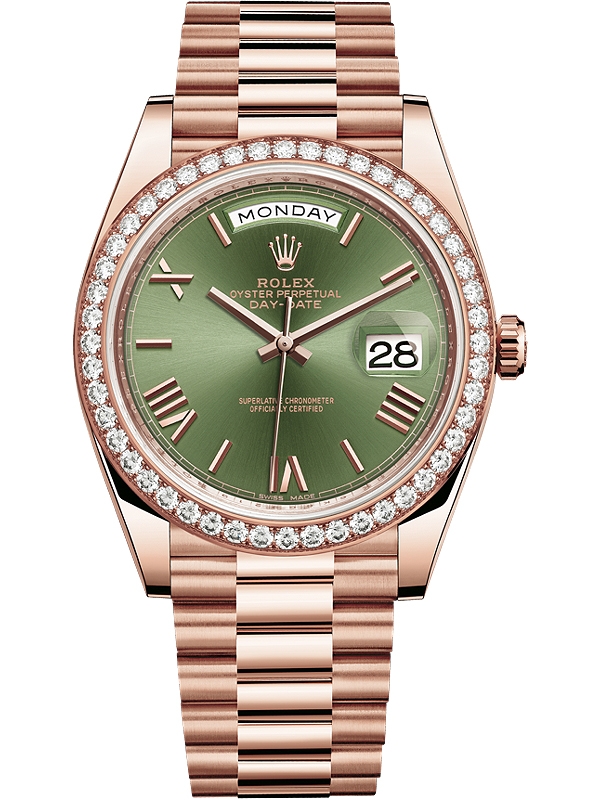 rose gold day date green face