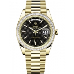 Rolex Day-Date 40 Yellow Gold Trapezoid Diamond Bezel Diagonal Black Dial President Watch 228398TBR