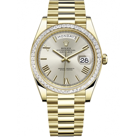 228398TBR-0006 Rolex Day-Date 40 Yellow Gold Trapezoid Diamond Bezel Silver Dial President Watch