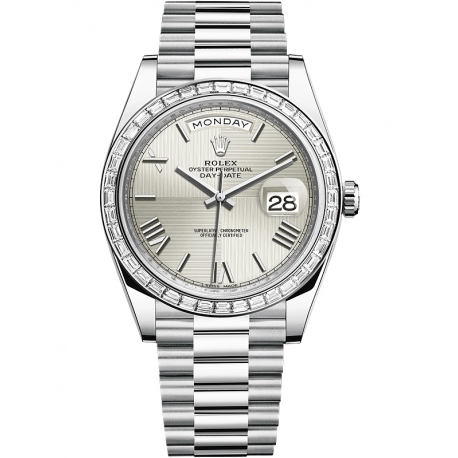 228396TBR-0025 Rolex Day-Date 40 Platinum Diamond Bezel Quadrant Silver Dial President Watch