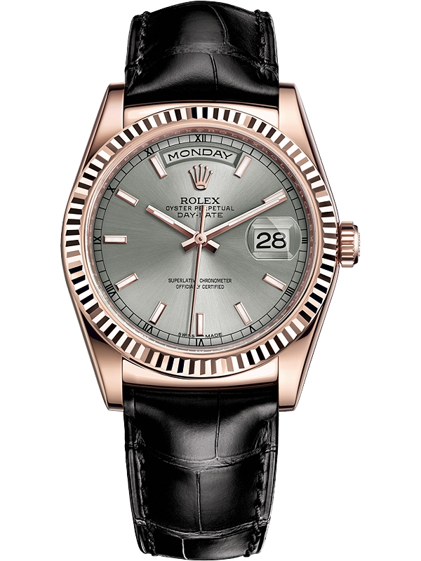118135 Rolex 36 Everose Gold Rhodium Leather Watch