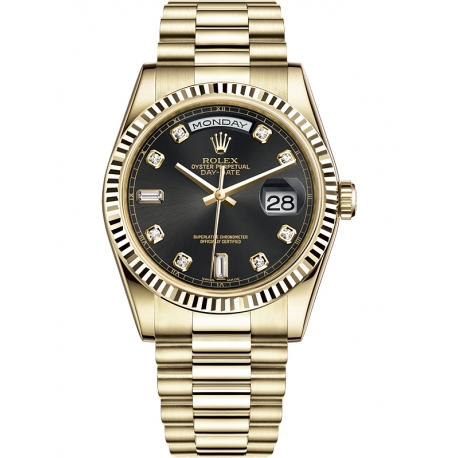 118238-0076 Rolex Day-Date 36 Gold Diamond Black President Watch