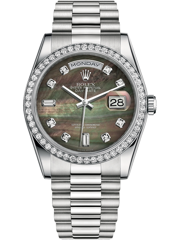 118346 Rolex Day-Date Platinum Diamond Bezel Black MOP Dial Watch